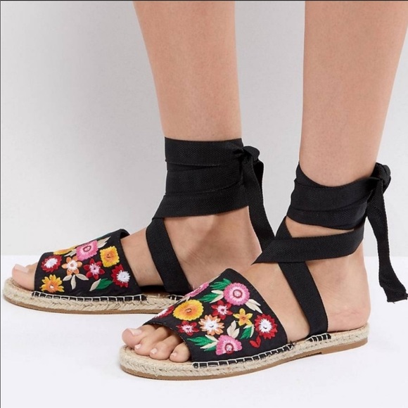 ASOS embroidered boho ankle strap espadrilles EEE - Picture 1 of 5